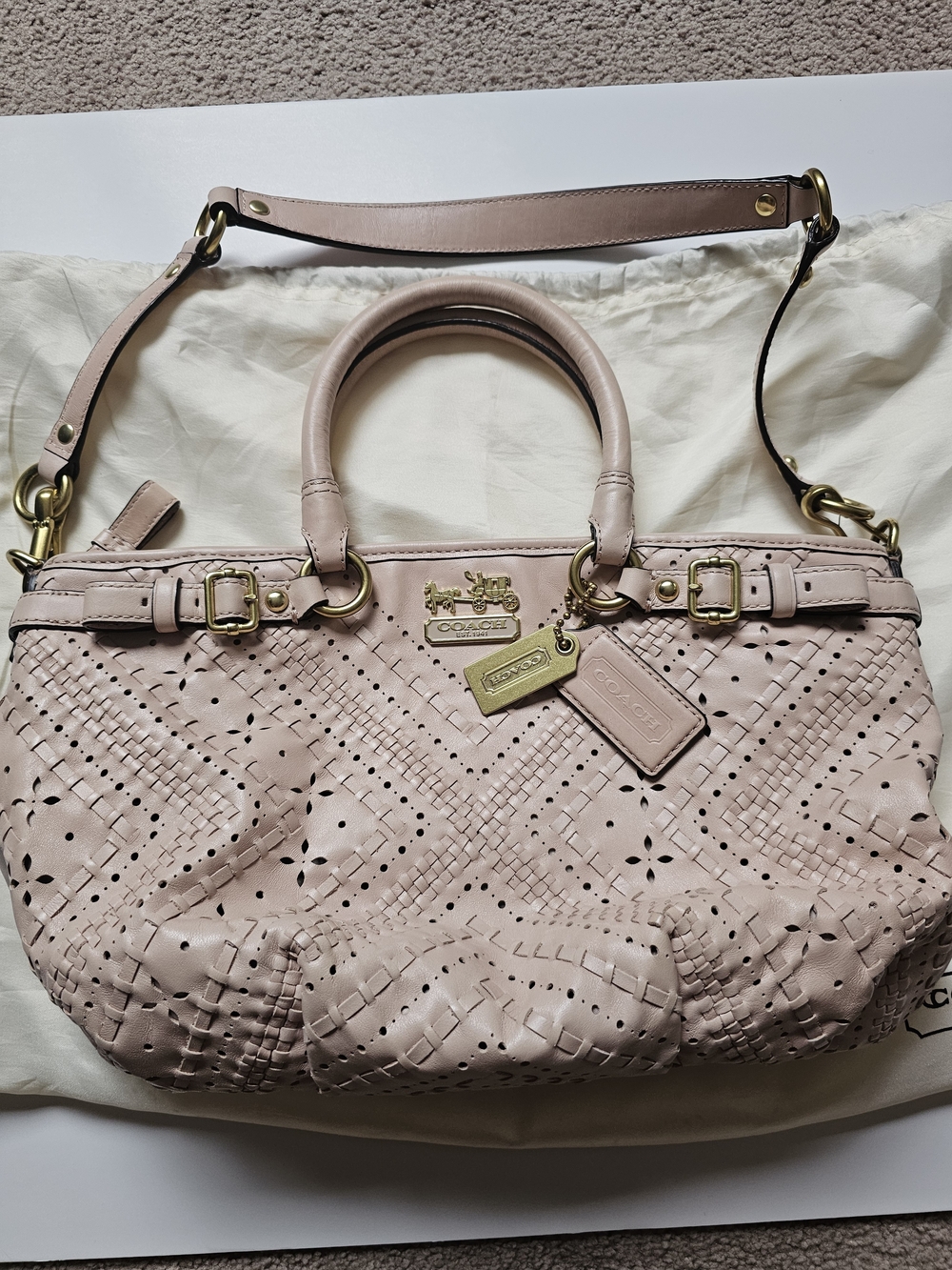 Coach Blush Pink Perforated Leather Satchel with Detachable Strap